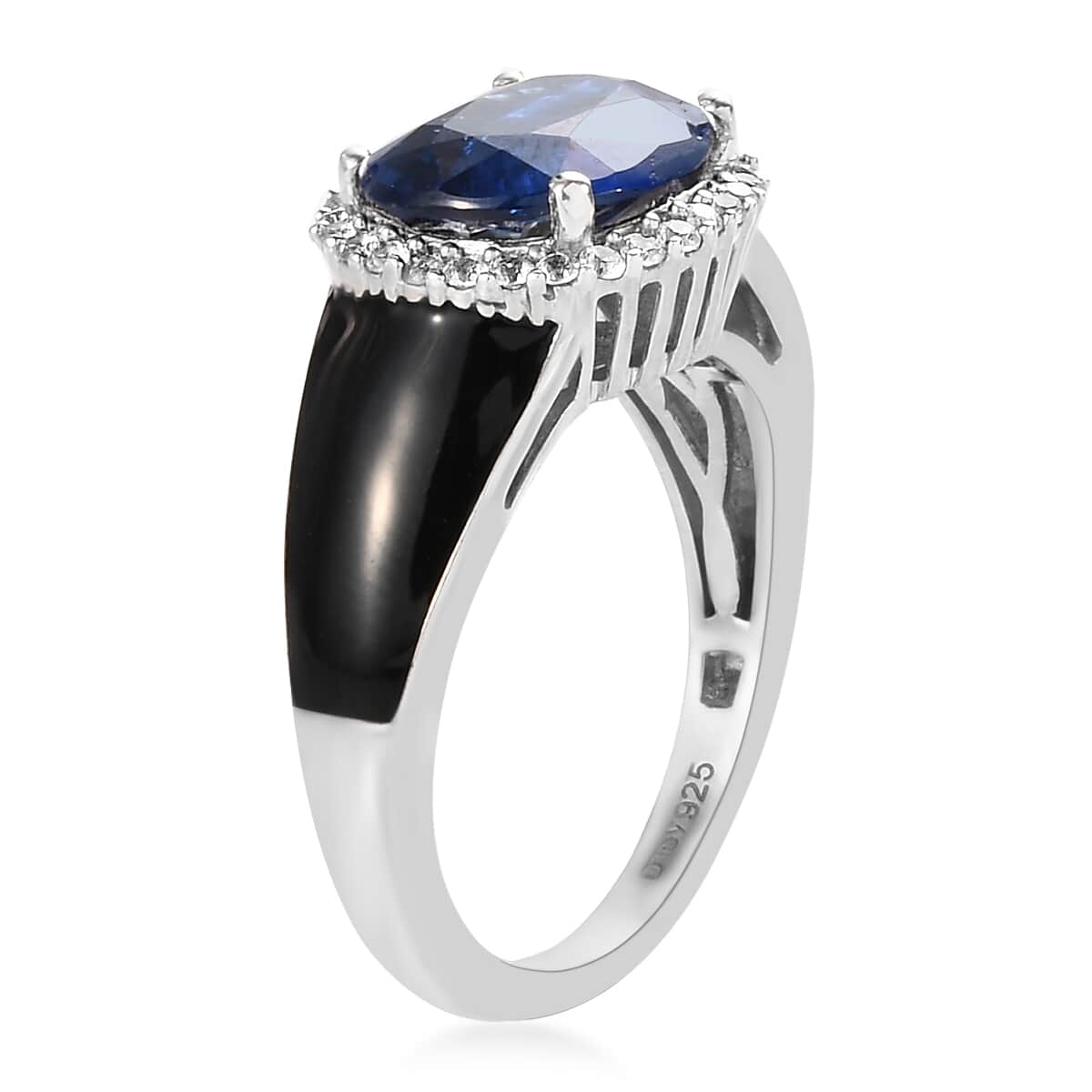 Kashmir Kyanite and Natural White Zircon, Black Enameled Chunky Ring in Platinum Over Sterling Silver (Size 7.0) 4.85 ctw image number 3