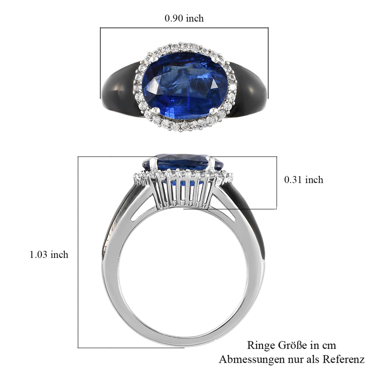 Kashmir Kyanite and Natural White Zircon, Black Enameled Chunky Ring in Platinum Over Sterling Silver (Size 9.0) 4.85 ctw image number 5