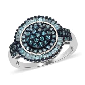 Blue Diamond Cocktail Ring in Rhodium and Platinum Over Sterling Silver (Size 10.0) 1.00 ctw