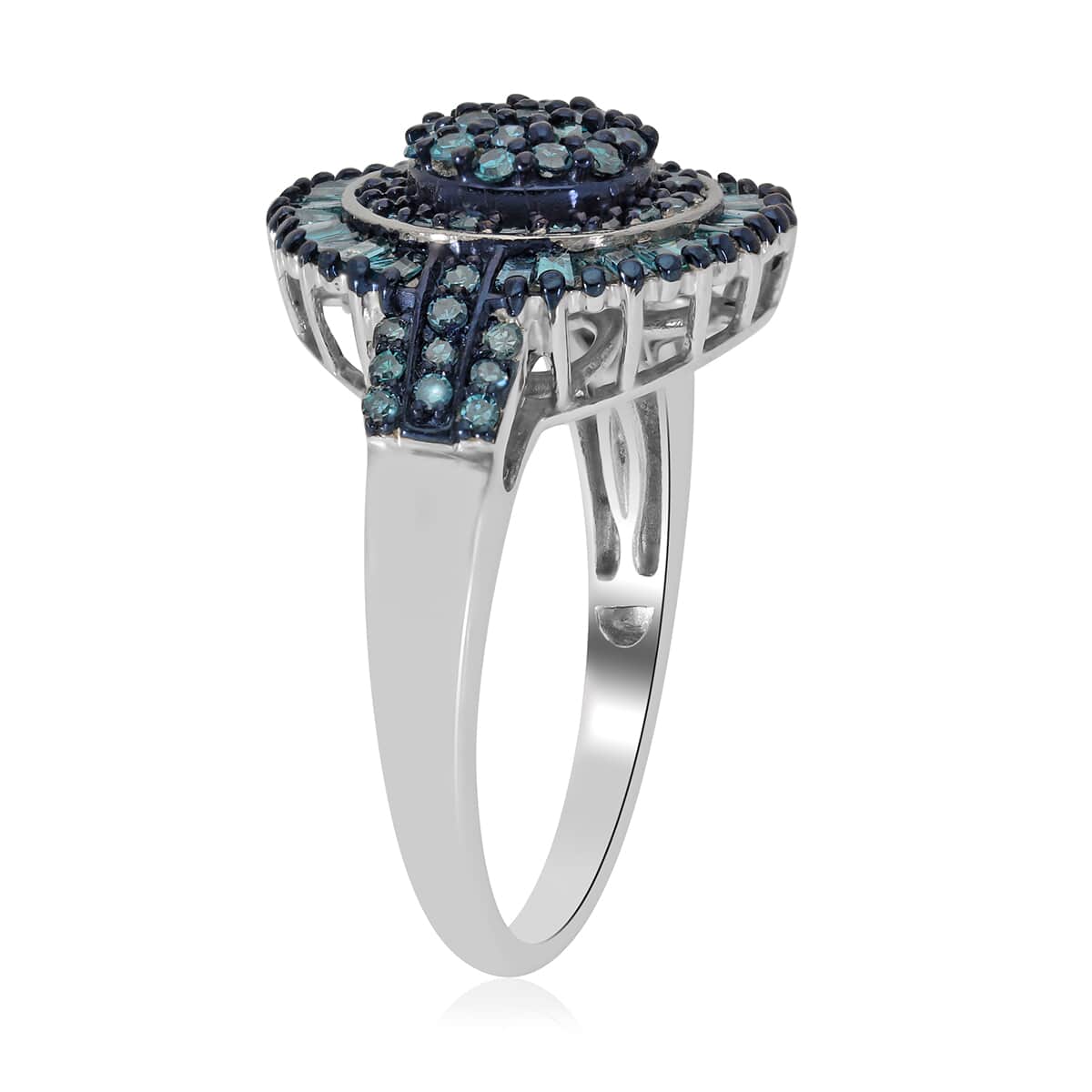 Blue Diamond Cocktail Ring in Rhodium and Platinum Over Sterling Silver (Size 10.0) 1.00 ctw image number 3