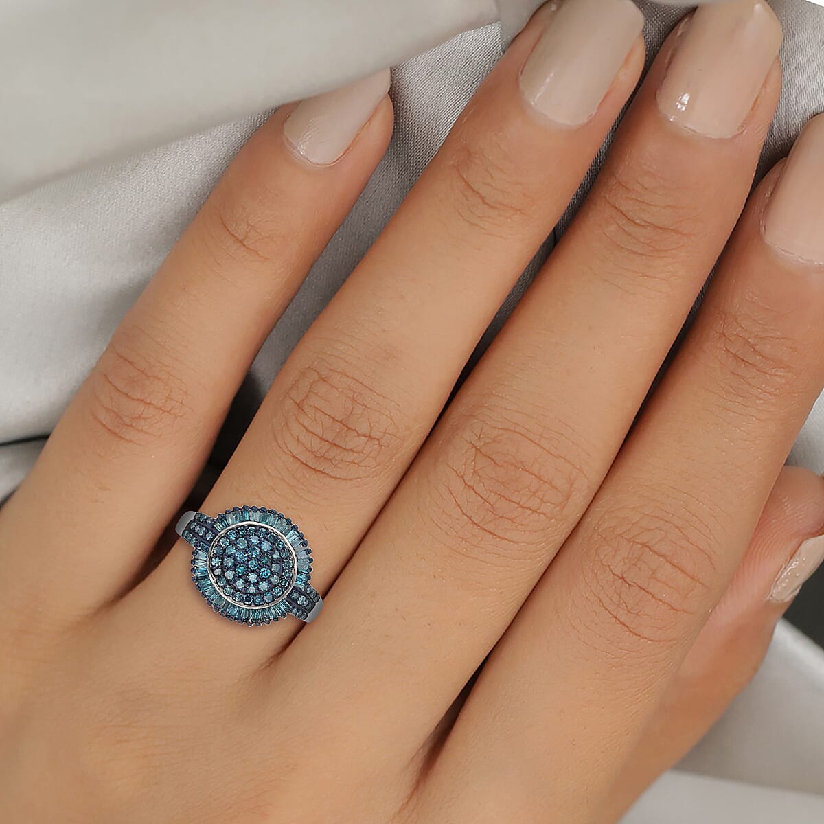 Blue Diamond Cocktail Ring in Rhodium and Platinum Over Sterling Silver (Size 11.0) 1.00 ctw image number 2