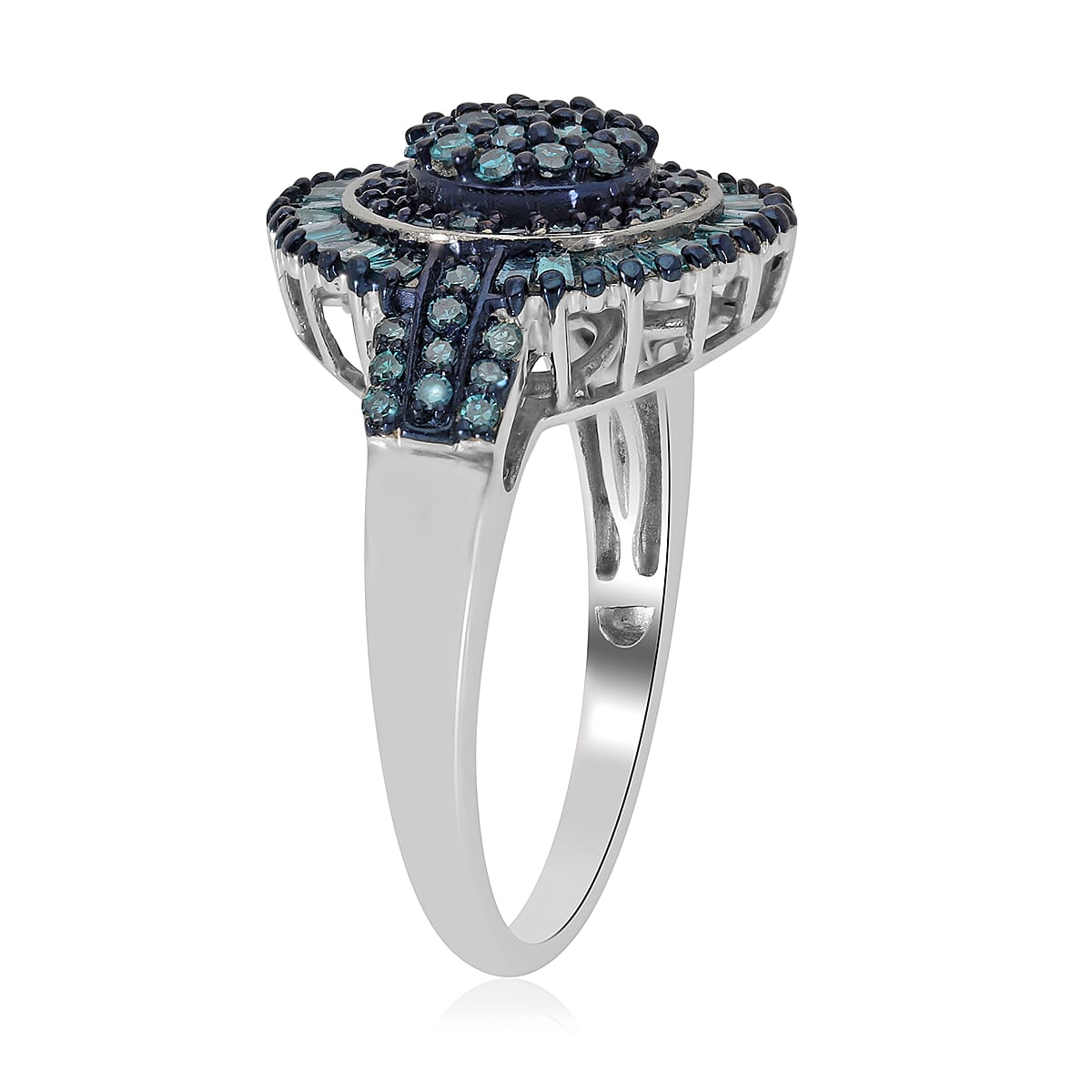 Blue Diamond Cocktail Ring in Rhodium and Platinum Over Sterling Silver (Size 11.0) 1.00 ctw image number 3