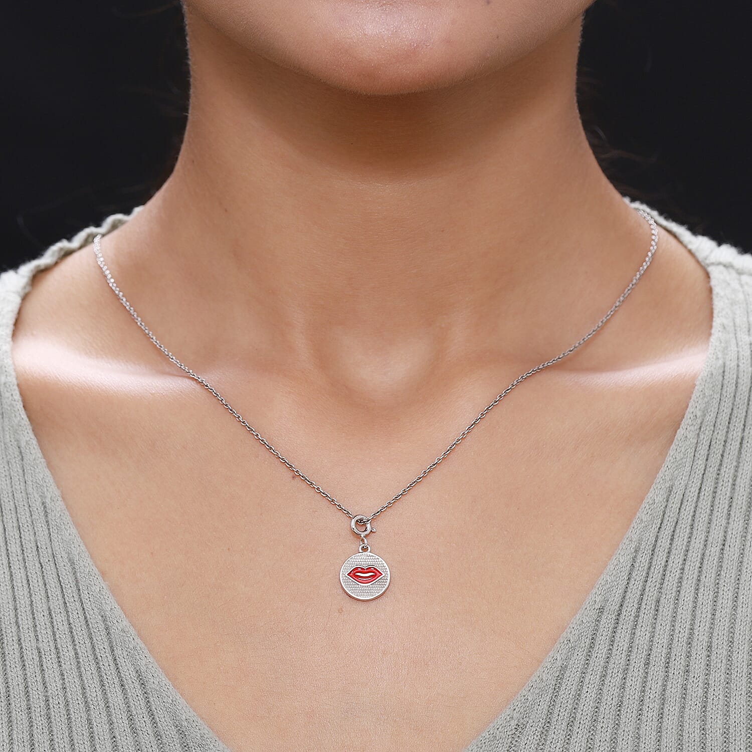 Platinum Over Sterling Silver and Enameled Lip Charm