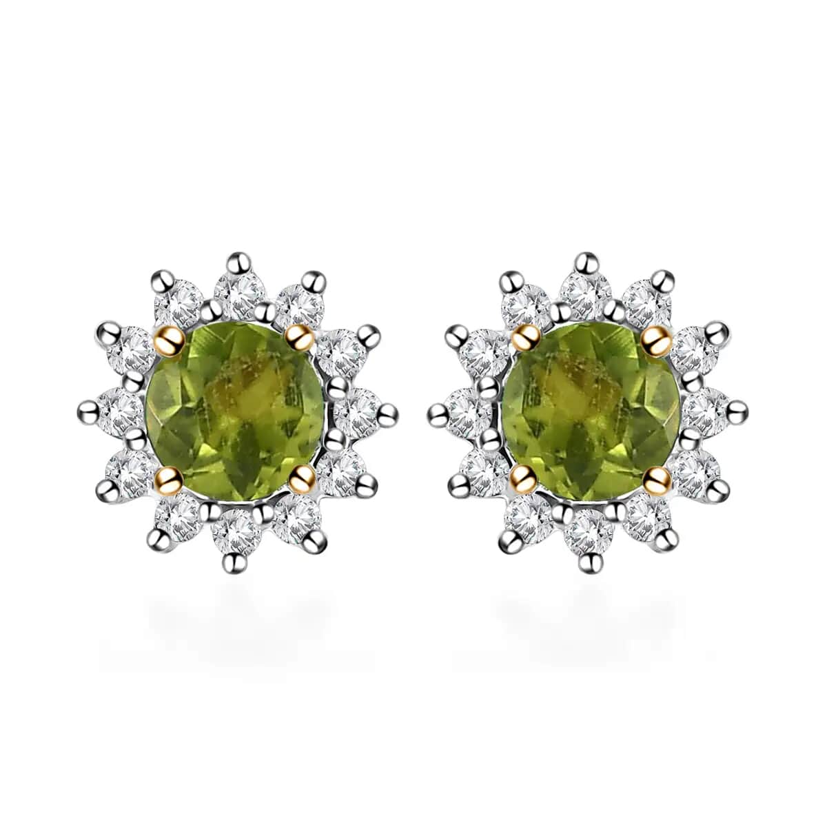 Peridot Sunburst Earrings,  White Zircon Accent Stud Earrings, Vermeil Yellow Gold Over Sterling Silver Earrings 1.10 ctw image number 0