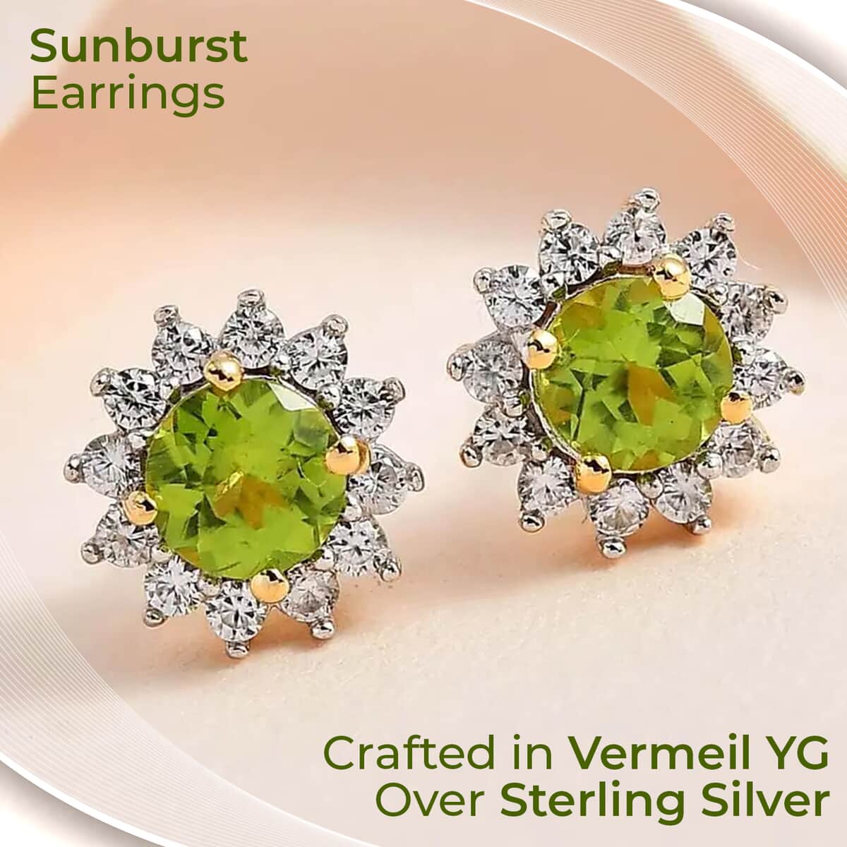 Peridot Sunburst Earrings,  White Zircon Accent Stud Earrings, Vermeil Yellow Gold Over Sterling Silver Earrings 1.10 ctw image number 1