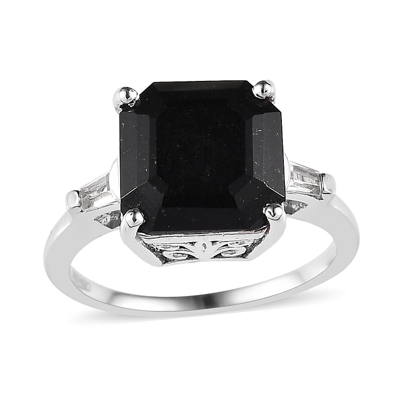 Australian Black Tourmaline and White Topaz Ring in Platinum Over Sterling Silver (Size 11.0) 4.35 ctw