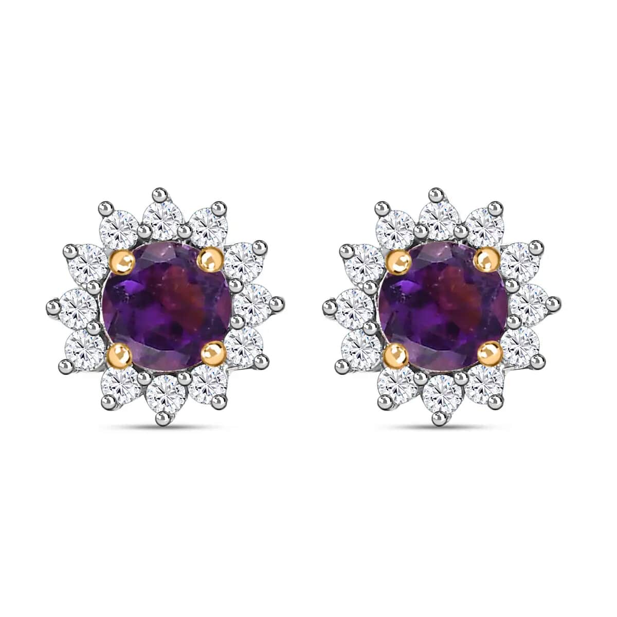 African Amethyst Sunburst Earrings,  White Zircon Accent Stud Earrings, Vermeil Yellow Gold Over Sterling Silver Earrings 0.90 ctw image number 0