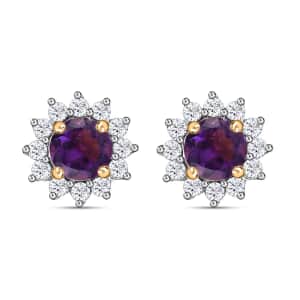 African Amethyst Sunburst Earrings,  White Zircon Accent Stud Earrings, Vermeil Yellow Gold Over Sterling Silver Earrings 0.90 ctw