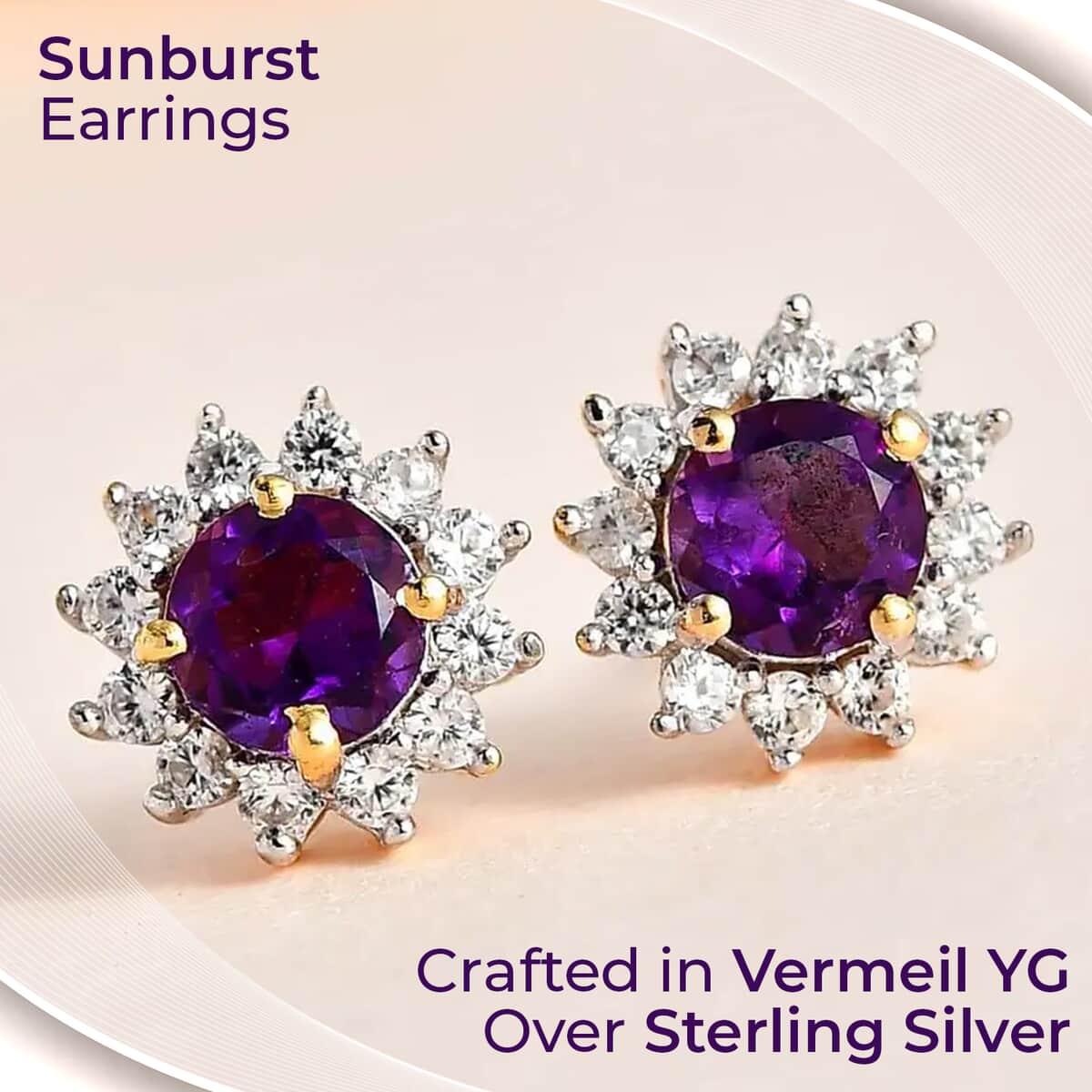 African Amethyst Sunburst Earrings,  White Zircon Accent Stud Earrings, Vermeil Yellow Gold Over Sterling Silver Earrings 0.90 ctw image number 1