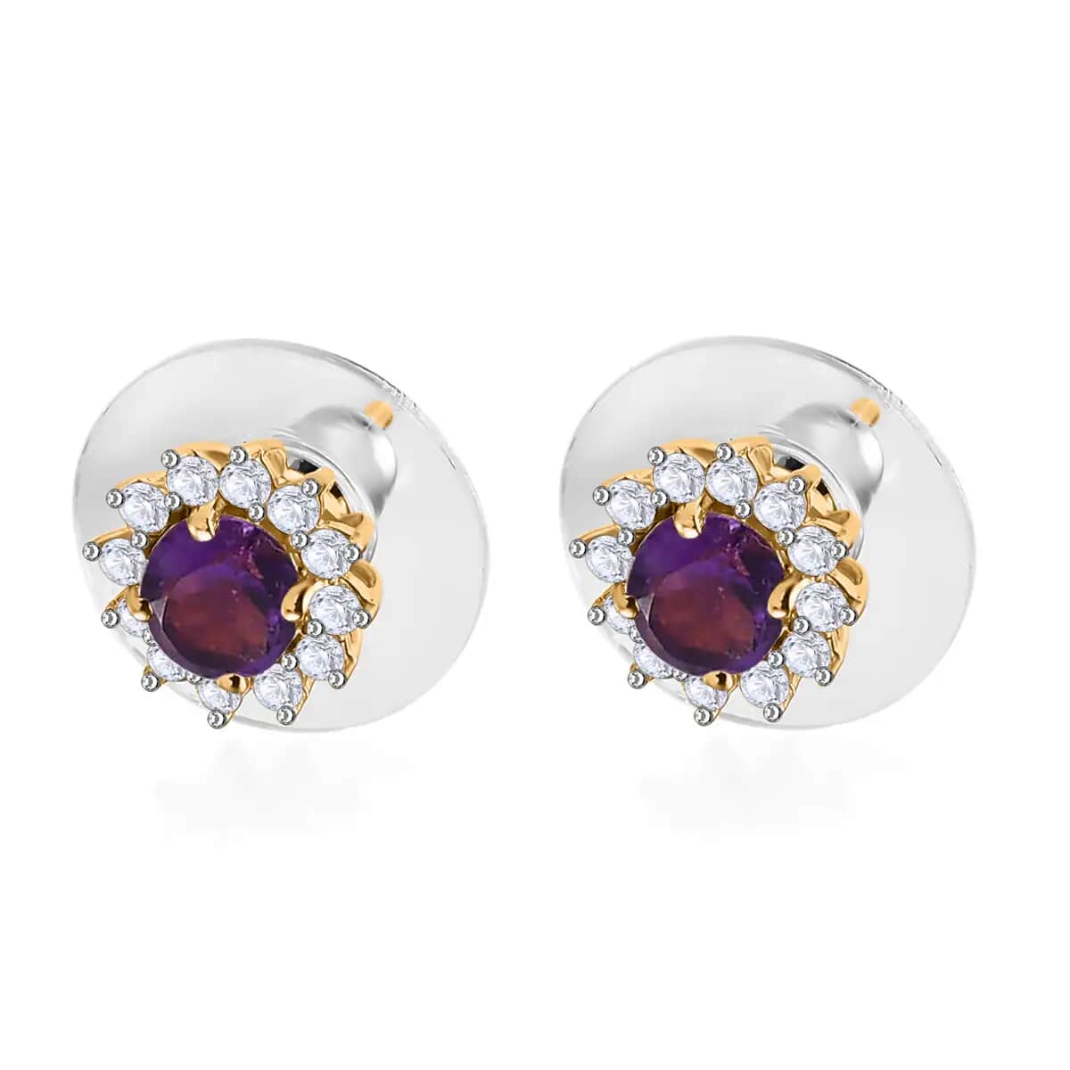 African Amethyst Sunburst Earrings,  White Zircon Accent Stud Earrings, Vermeil Yellow Gold Over Sterling Silver Earrings 0.90 ctw image number 3