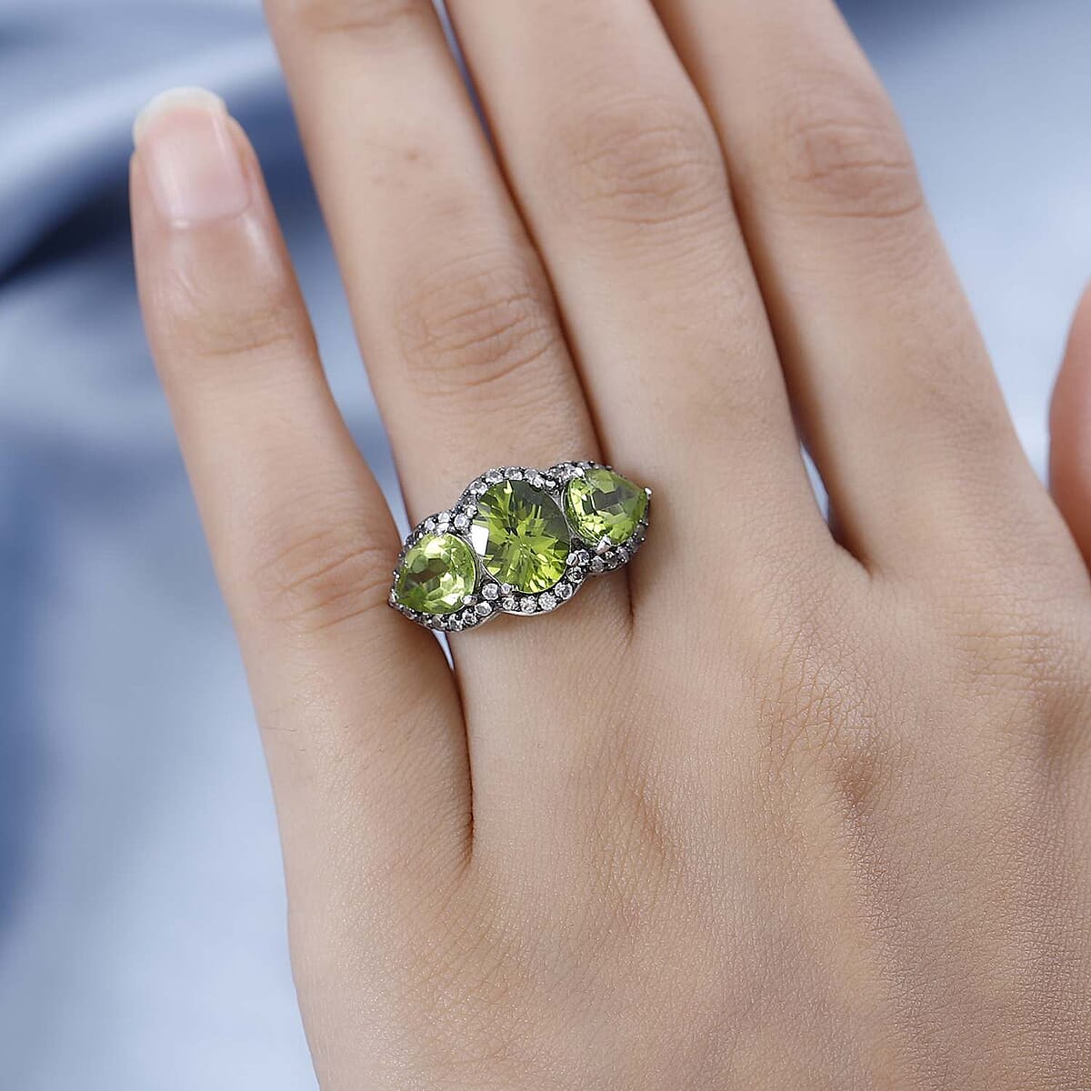 Premium Peridot, Champagne Zircon Trilogy Ring in Rhodium Over Sterling Silver (Size 11.0) 6.35 ctw image number 2