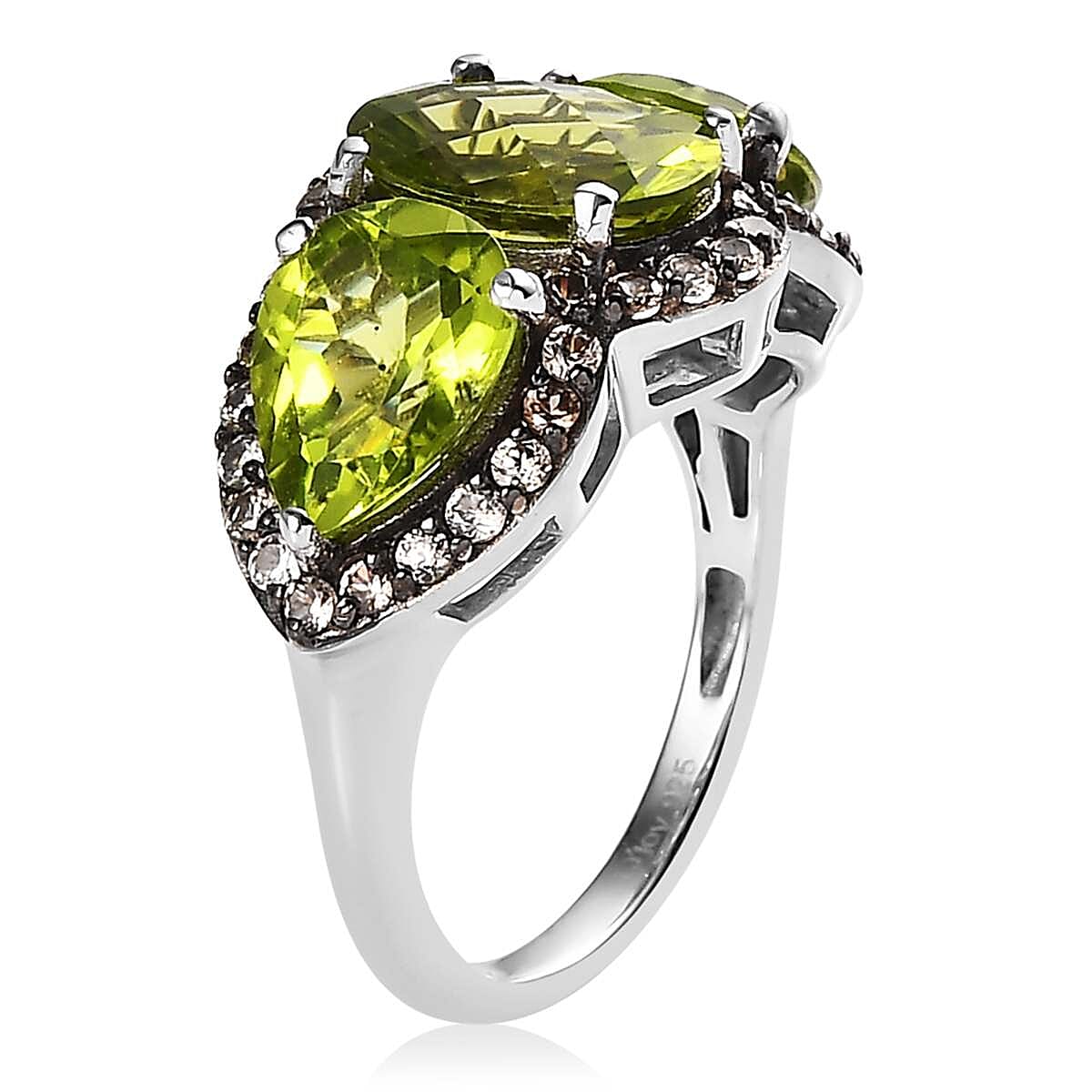 Premium Peridot, Champagne Zircon Trilogy Ring in Rhodium Over Sterling Silver (Size 11.0) 6.35 ctw image number 3
