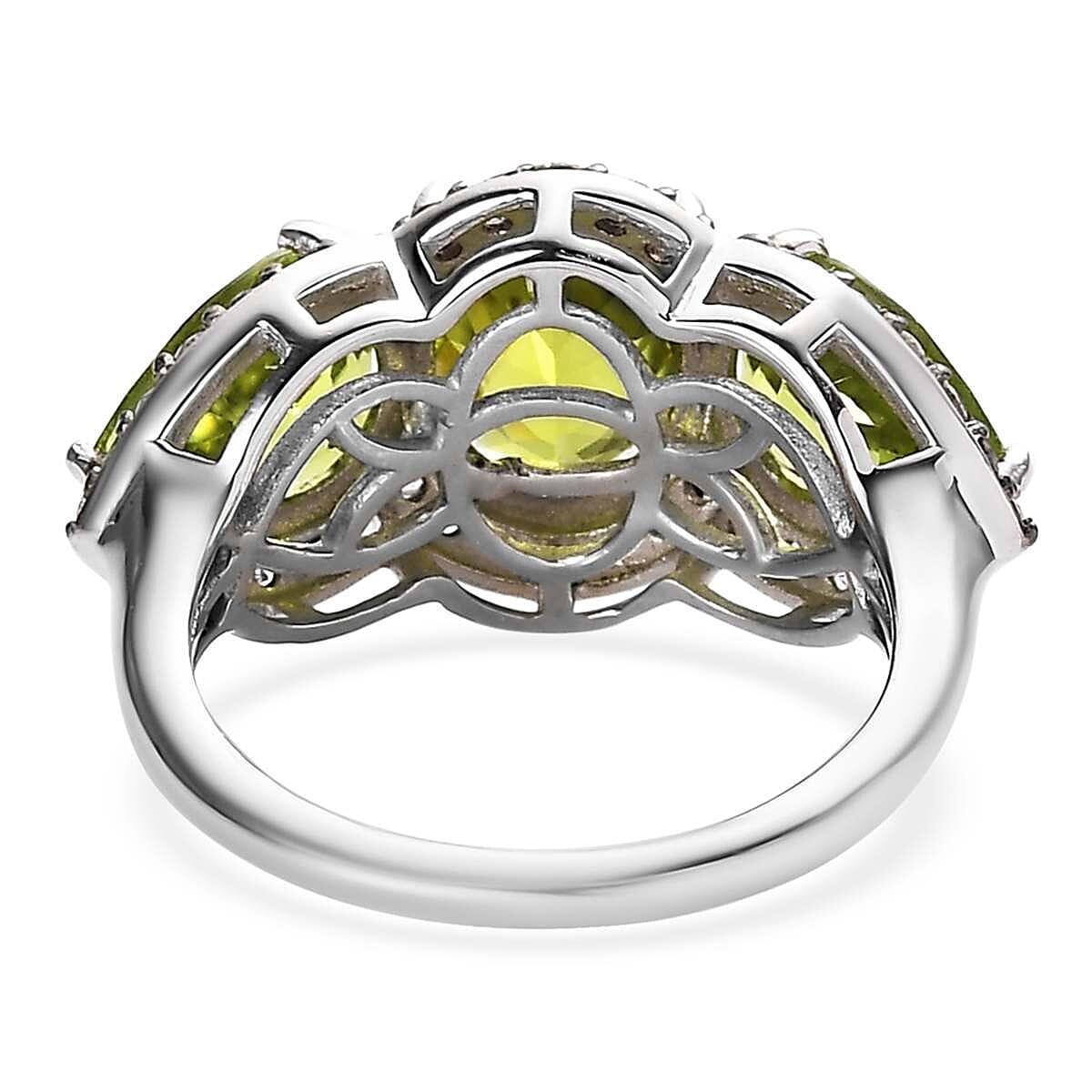 Premium Peridot, Champagne Zircon Trilogy Ring in Rhodium Over Sterling Silver (Size 11.0) 6.35 ctw image number 4