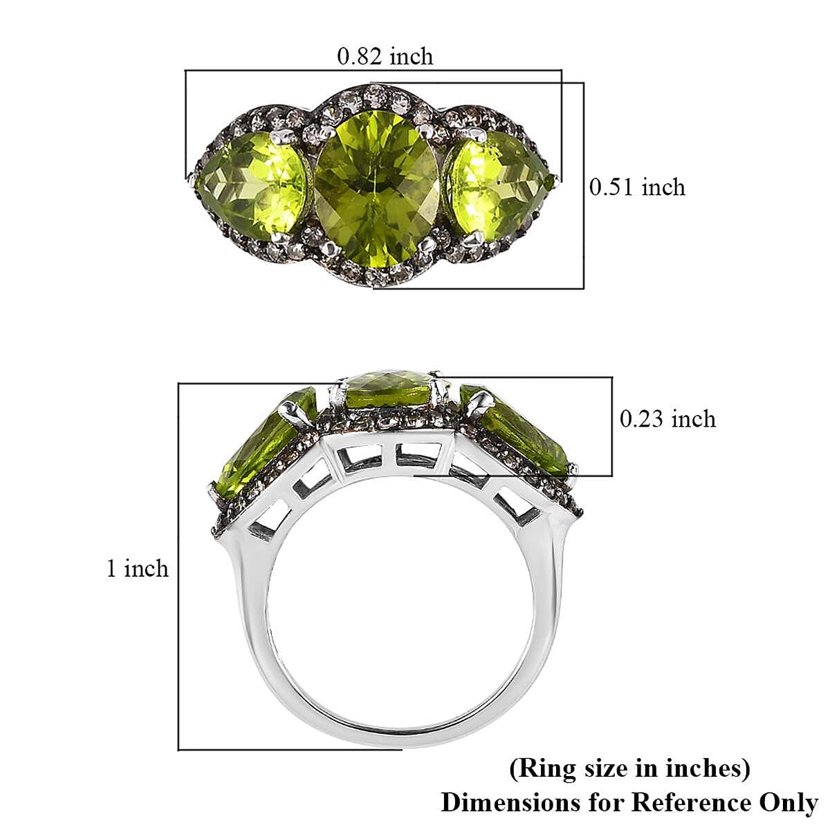 Premium Peridot, Champagne Zircon Trilogy Ring in Rhodium Over Sterling Silver (Size 11.0) 6.35 ctw image number 5