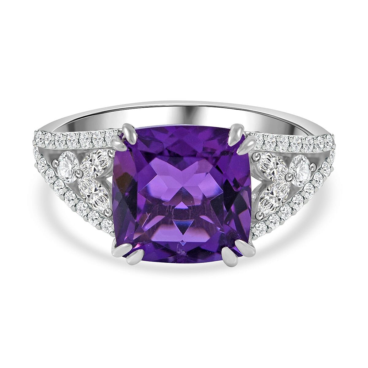 Lusaka Amethyst and White Zircon 6.00 ctw Ring in Rhodium Over Sterling Silver (Size 11.5)