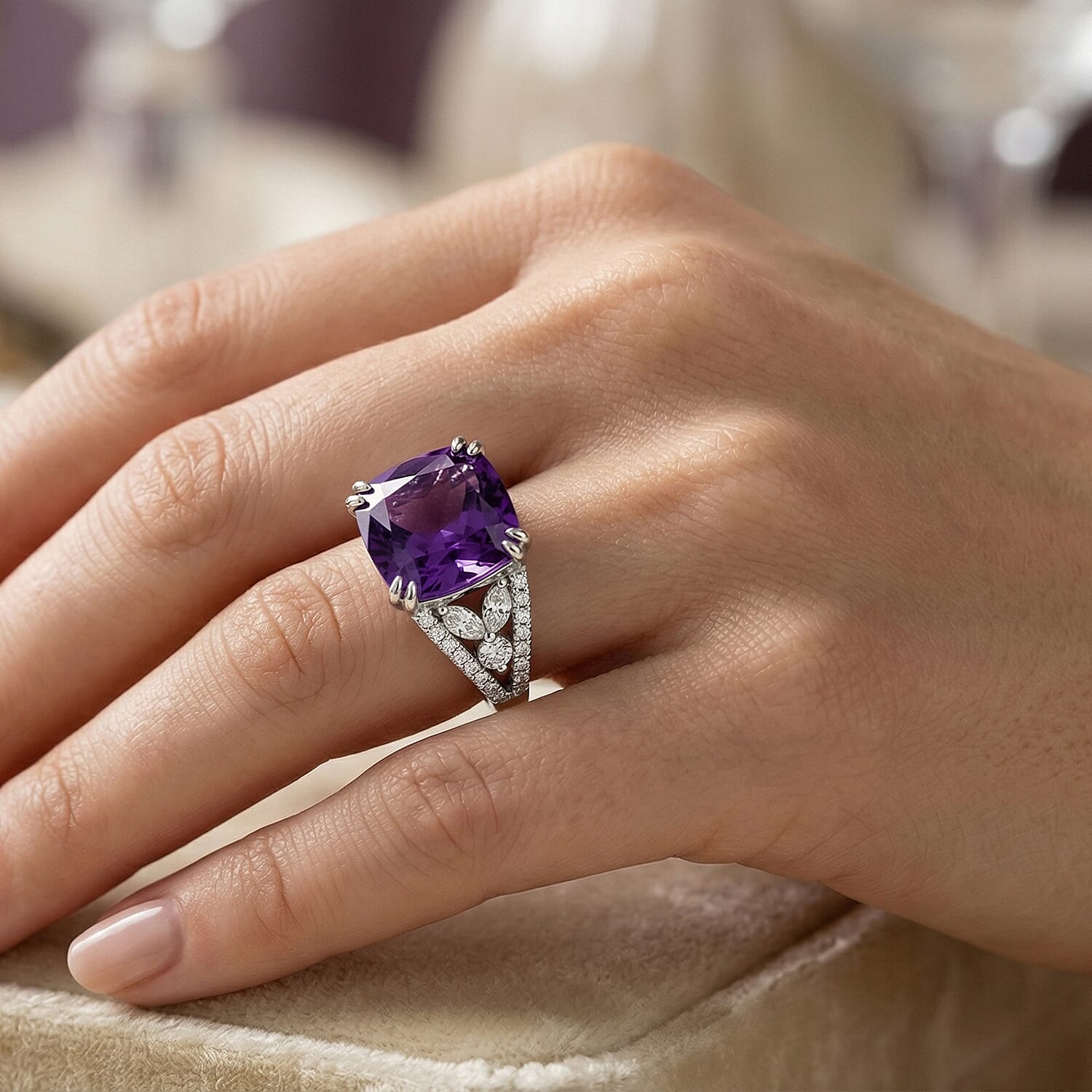 Lusaka Amethyst and White Zircon 6.00 ctw Ring in Rhodium Over Sterling Silver (Size 11.5)