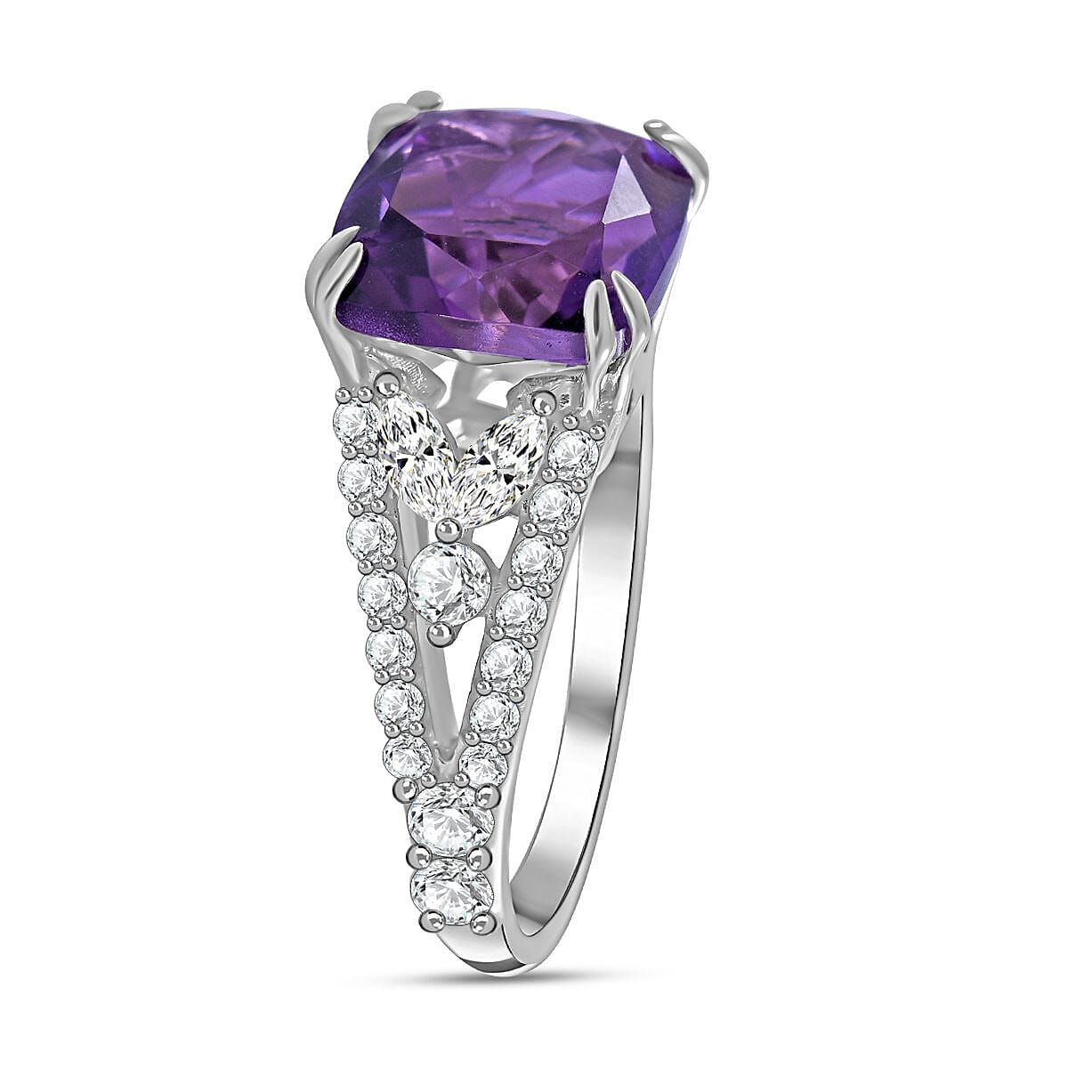 Lusaka Amethyst and White Zircon 6.00 ctw Ring in Rhodium Over Sterling Silver (Size 11.5)