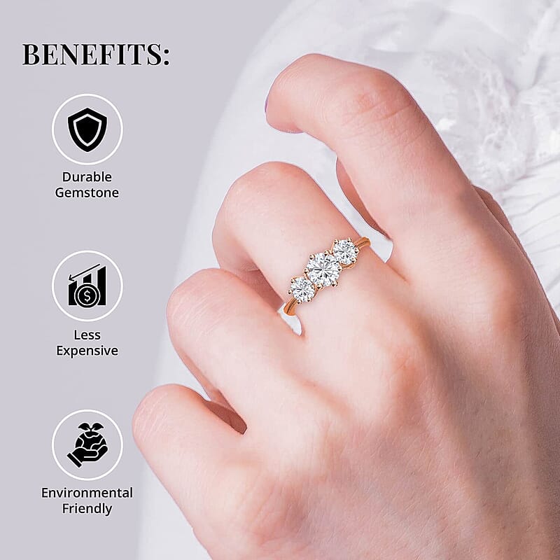 Heart and Arrows Cut Moissanite 3 Stone Ring in Vermeil RG Over Sterling Silver 1.75 ctw (Size 10.0)
