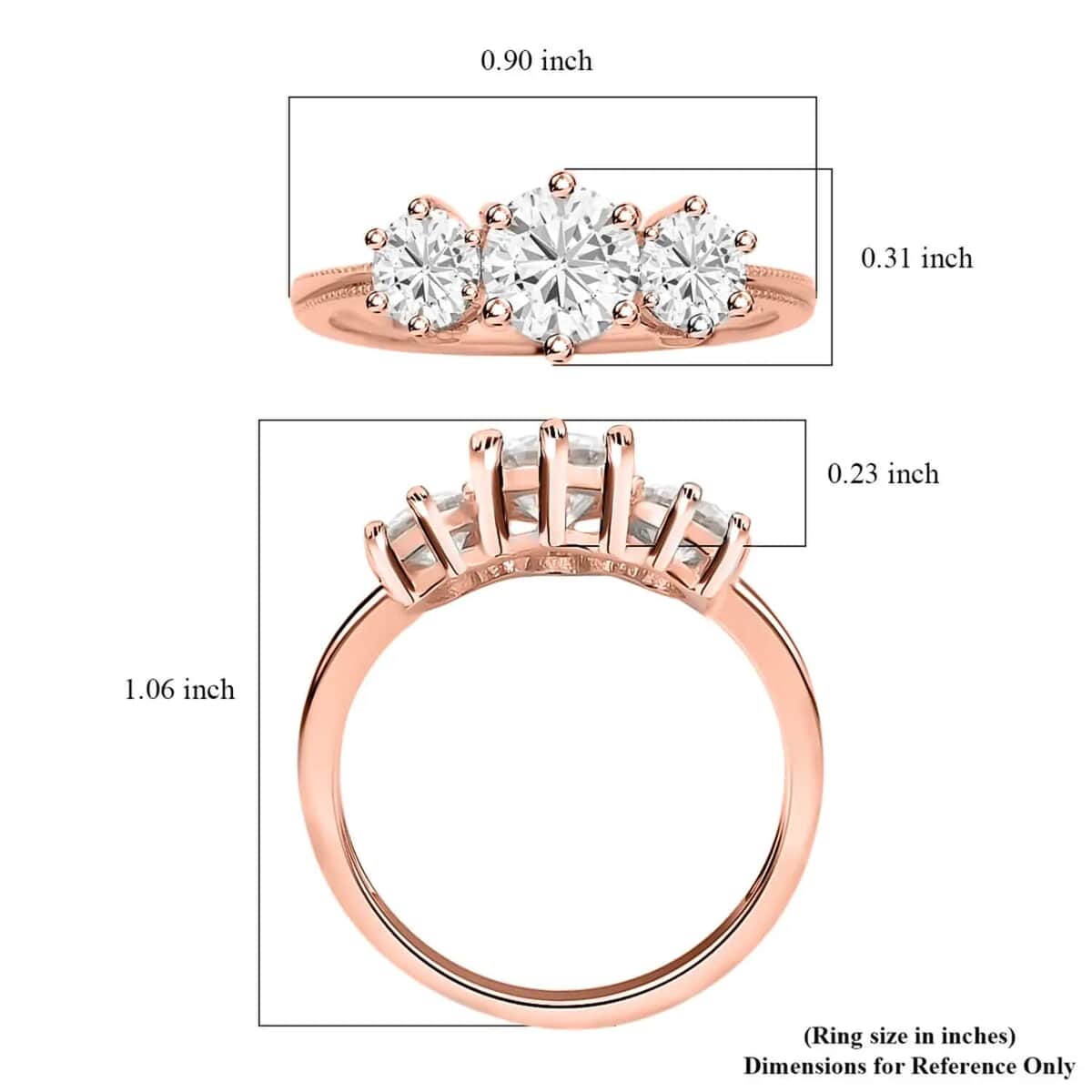 Heart and Arrows Cut Moissanite 1.75 ctw Trilogy Ring in Vermeil RG Over Sterling Silver, Three Stone Engagement Ring For Women (Size 10.0) image number 8