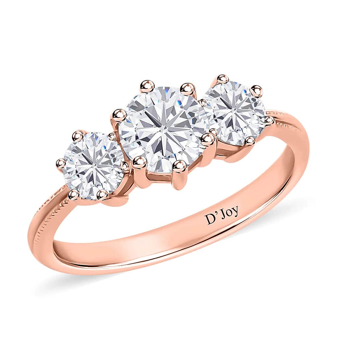 Heart and Arrows Cut Moissanite 1.75 ctw Trilogy Ring in Vermeil RG Over Sterling Silver, Three Stone Engagement Ring For Women (Size 5.0) image number 0