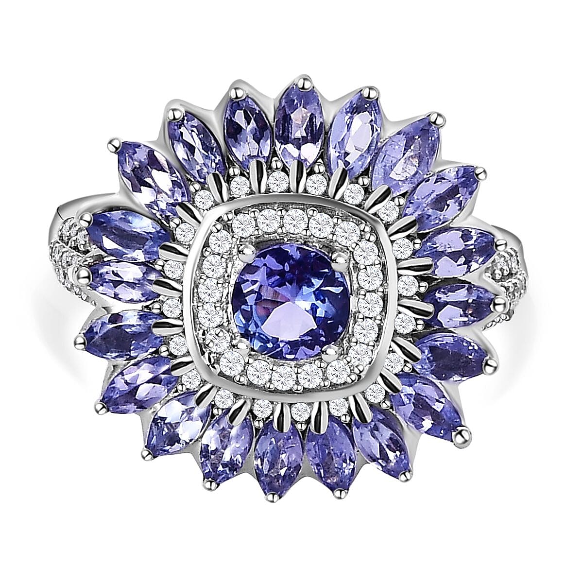 Tanzanite and White Zircon 3.17 ctw Ring in Platinum Over Sterling Silver (Size 5.5)