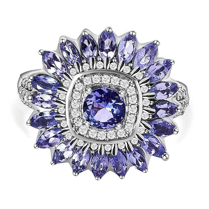 Tanzanite and White Zircon 3.17 ctw Ring in Platinum Over Sterling Silver (Size 5.5)