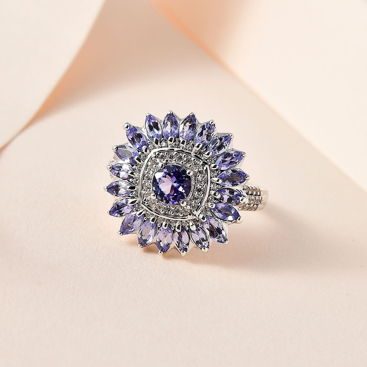 Tanzanite and White Zircon 3.17 ctw Ring in Platinum Over Sterling Silver (Size 5.5)