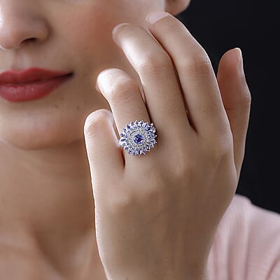 Tanzanite and White Zircon 3.17 ctw Ring in Platinum Over Sterling Silver (Size 5.5)