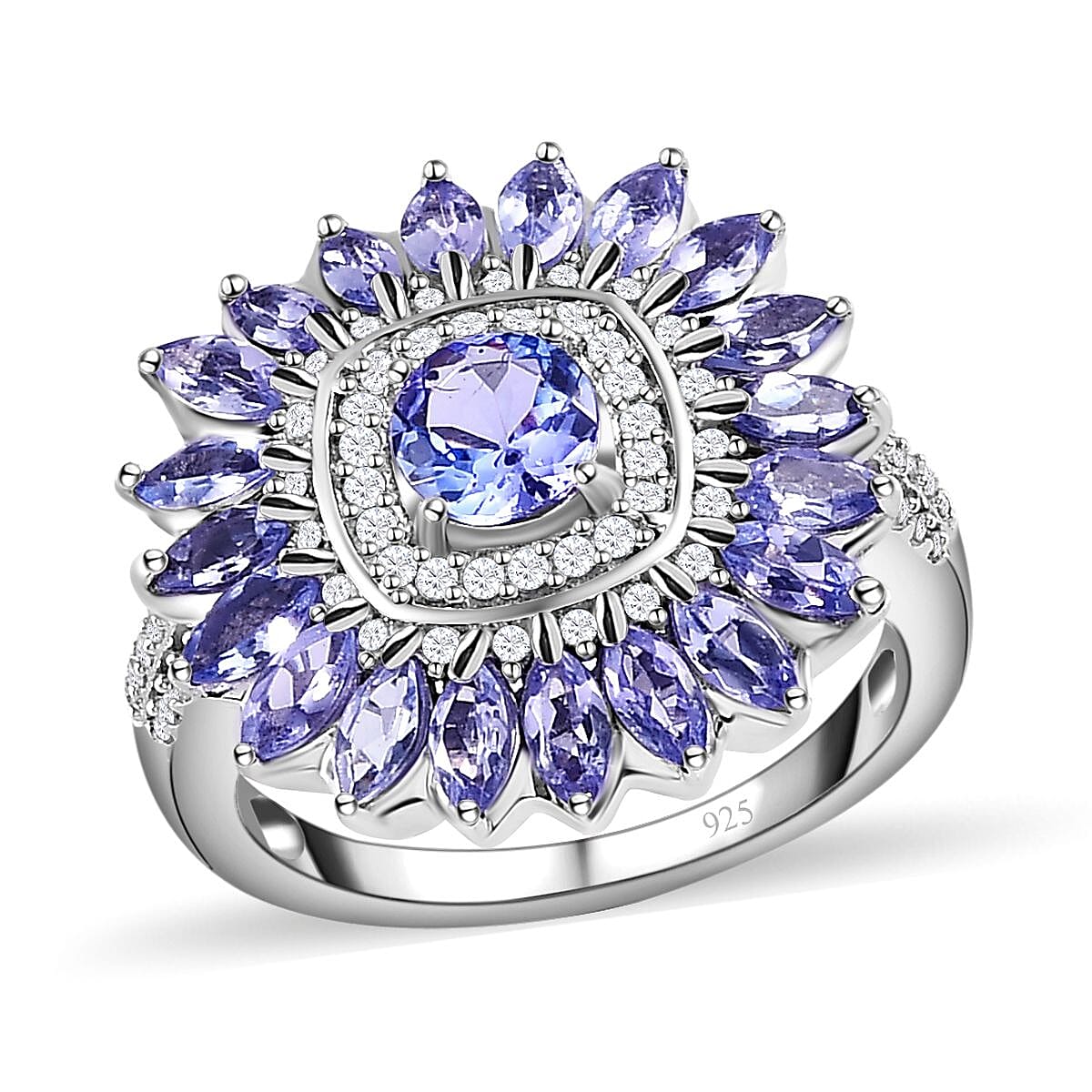 Tanzanite and White Zircon 3.17 ctw Ring in Platinum Over Sterling Silver (Size 5.5)