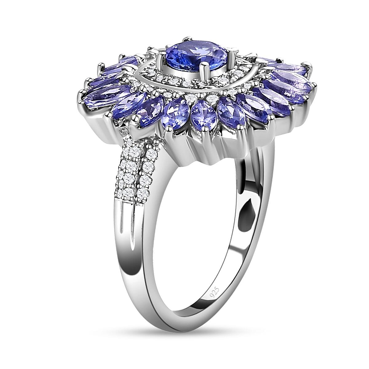 Tanzanite and White Zircon 3.17 ctw Ring in Platinum Over Sterling Silver (Size 5.5)