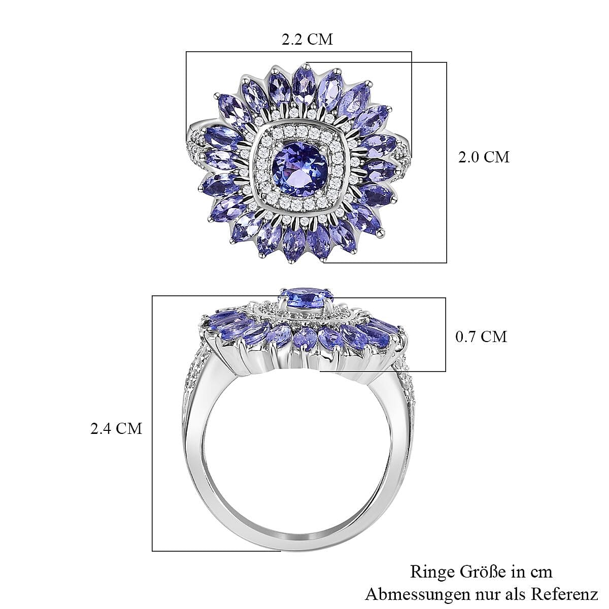 Tanzanite and White Zircon 3.17 ctw Ring in Platinum Over Sterling Silver (Size 5.5)