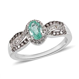 Boyaca Colombian Emerald, White and Champagne Zircon Ring in Platinum Over Sterling Silver (Size 6.0) 0.80 ctw