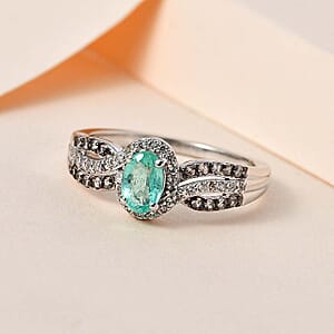 Boyaca Colombian Emerald, White and Champagne Zircon Ring in Platinum Over Sterling Silver (Size 6.0) 0.80 ctw