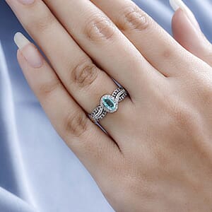 Boyaca Colombian Emerald, White and Champagne Zircon Ring in Platinum Over Sterling Silver (Size 6.0) 0.80 ctw