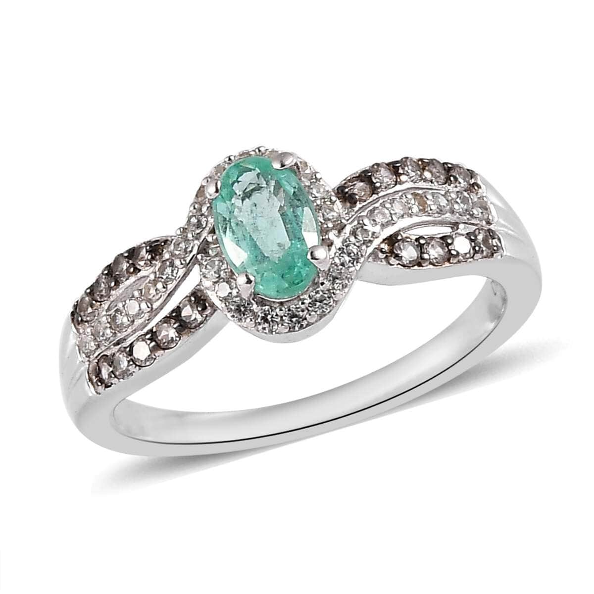 Boyaca Colombian Emerald, White and Champagne Zircon Ring in Platinum Over Sterling Silver (Size 9.0) 0.80 ctw image number 0