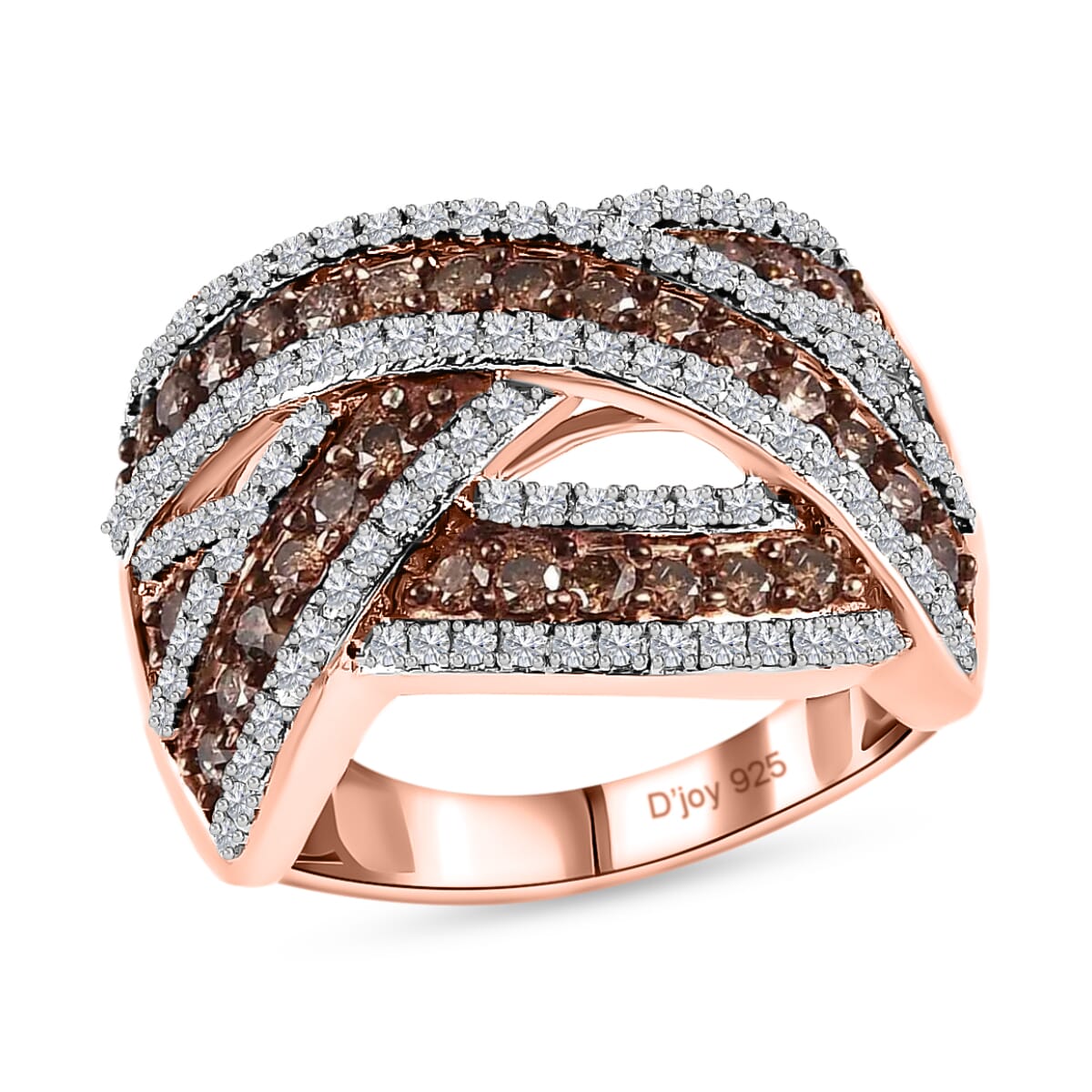 Natural Champagne and White Diamond Criss Cross Ring in Vermeil Rose Gold Over Sterling Silver 1.10 ctw image number 0