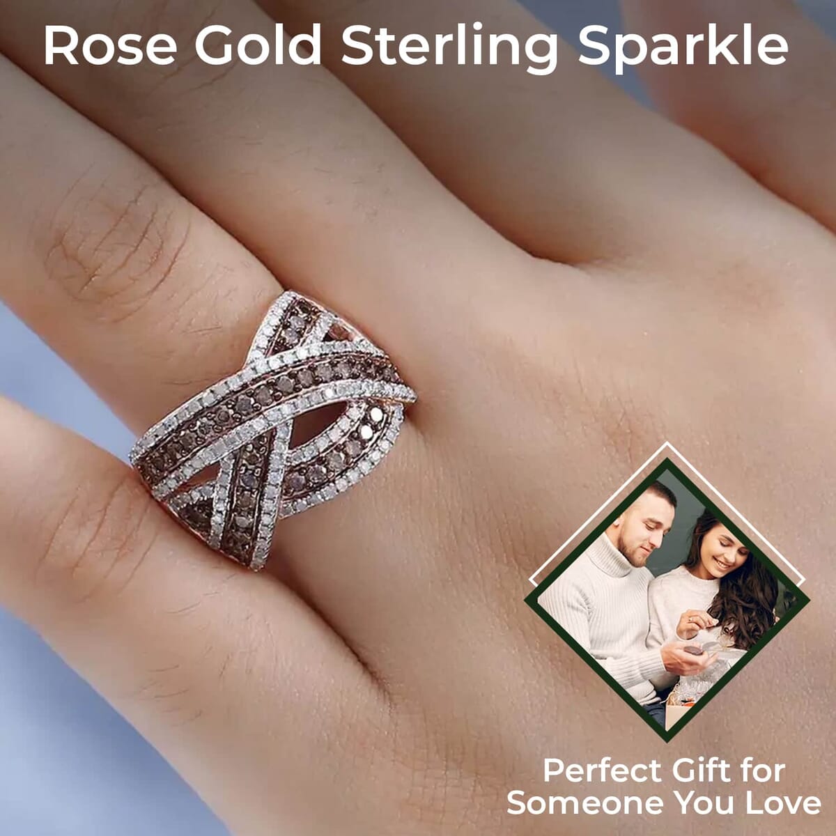 Natural Champagne and White Diamond Criss Cross Ring in Vermeil Rose Gold Over Sterling Silver 1.10 ctw image number 2