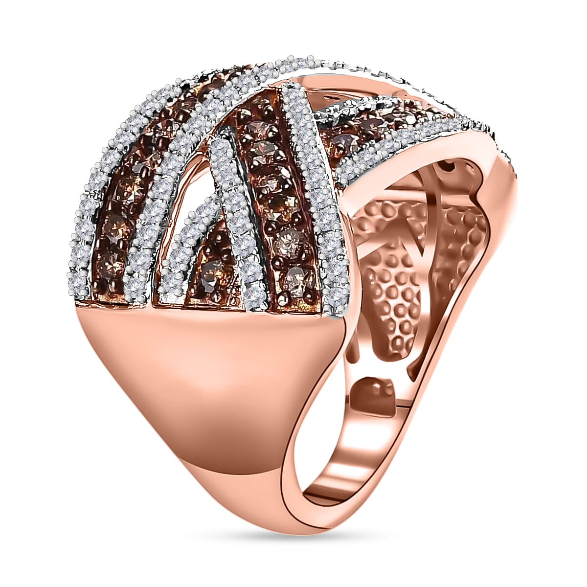 Natural Champagne and White Diamond Criss Cross Ring in Vermeil Rose Gold Over Sterling Silver 1.10 ctw image number 4
