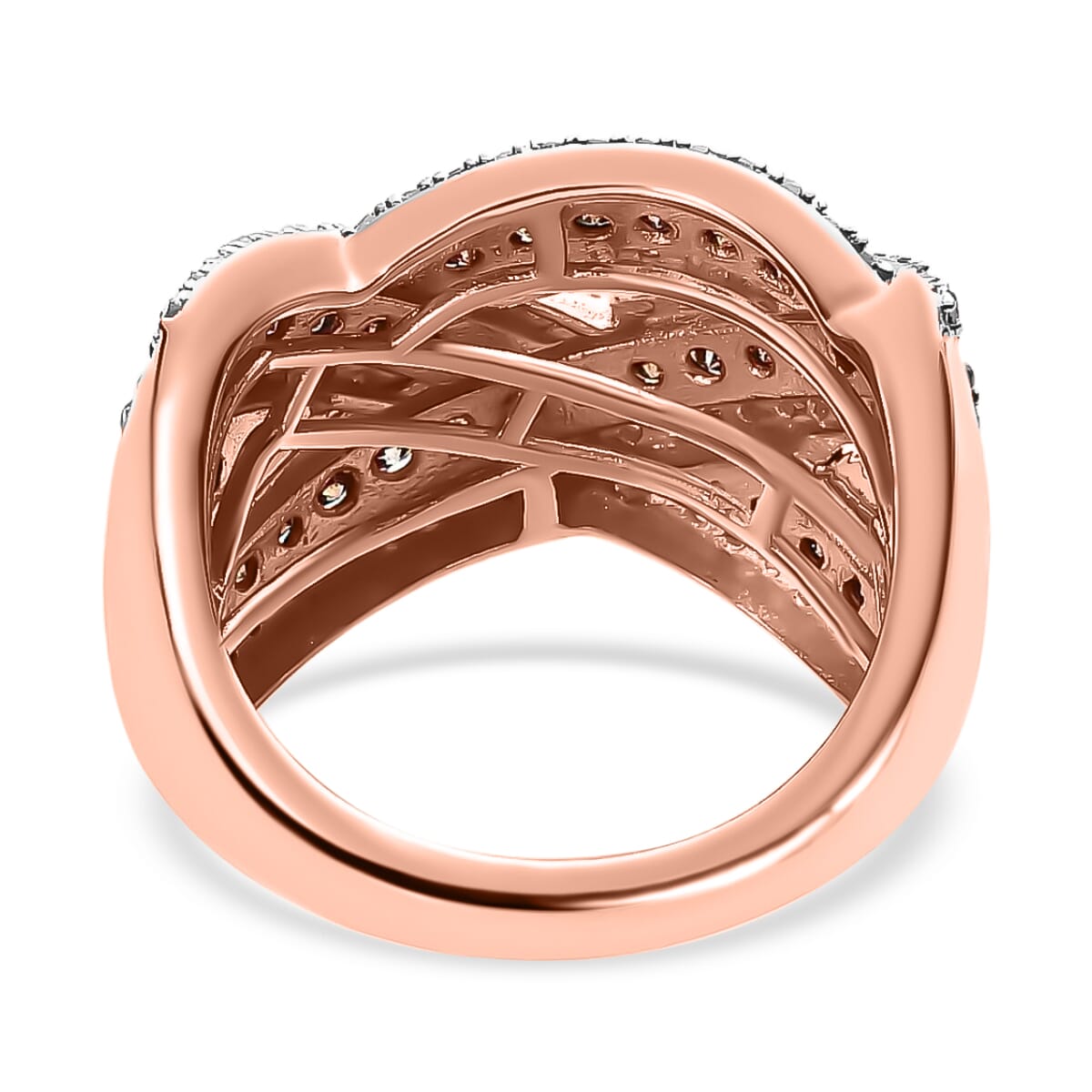 Natural Champagne and White Diamond Criss Cross Ring in Vermeil Rose Gold Over Sterling Silver 1.10 ctw image number 5