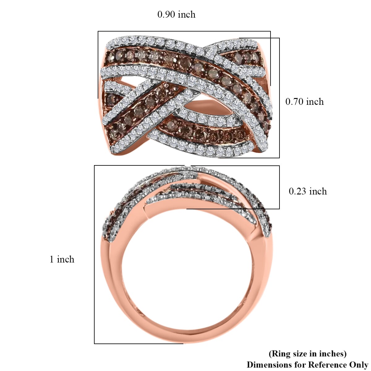 Natural Champagne and White Diamond Criss Cross Ring in Vermeil Rose Gold Over Sterling Silver 1.10 ctw image number 6