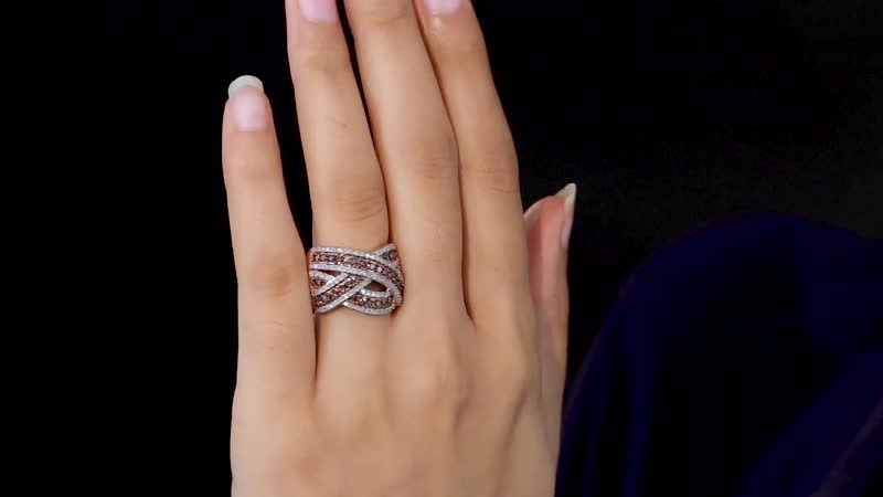 Natural Champagne and White Diamond Criss Cross Ring in Vermeil Rose Gold Over Sterling Silver 1.10 ctw