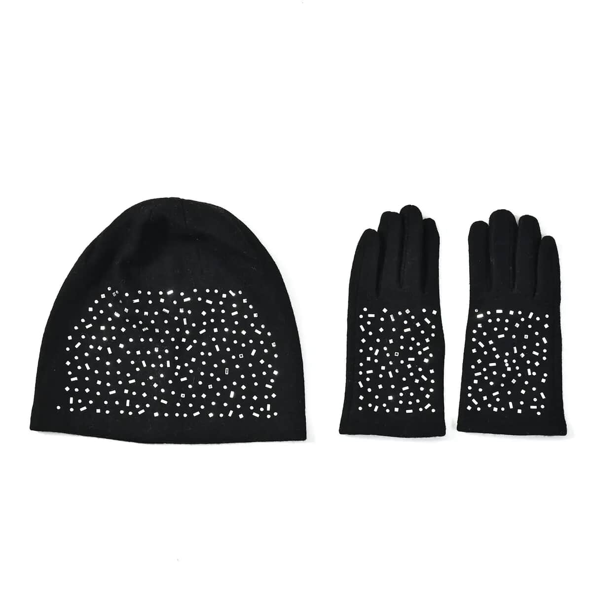 Black 70% Cashmere and 30% Polyester Crystal Pattern Hat (10"x22.84") and 1 Pair Gloves (3.75") image number 0
