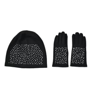 Black Cashmere Blend Crystal Beanie and 1 Pair Gloves Set