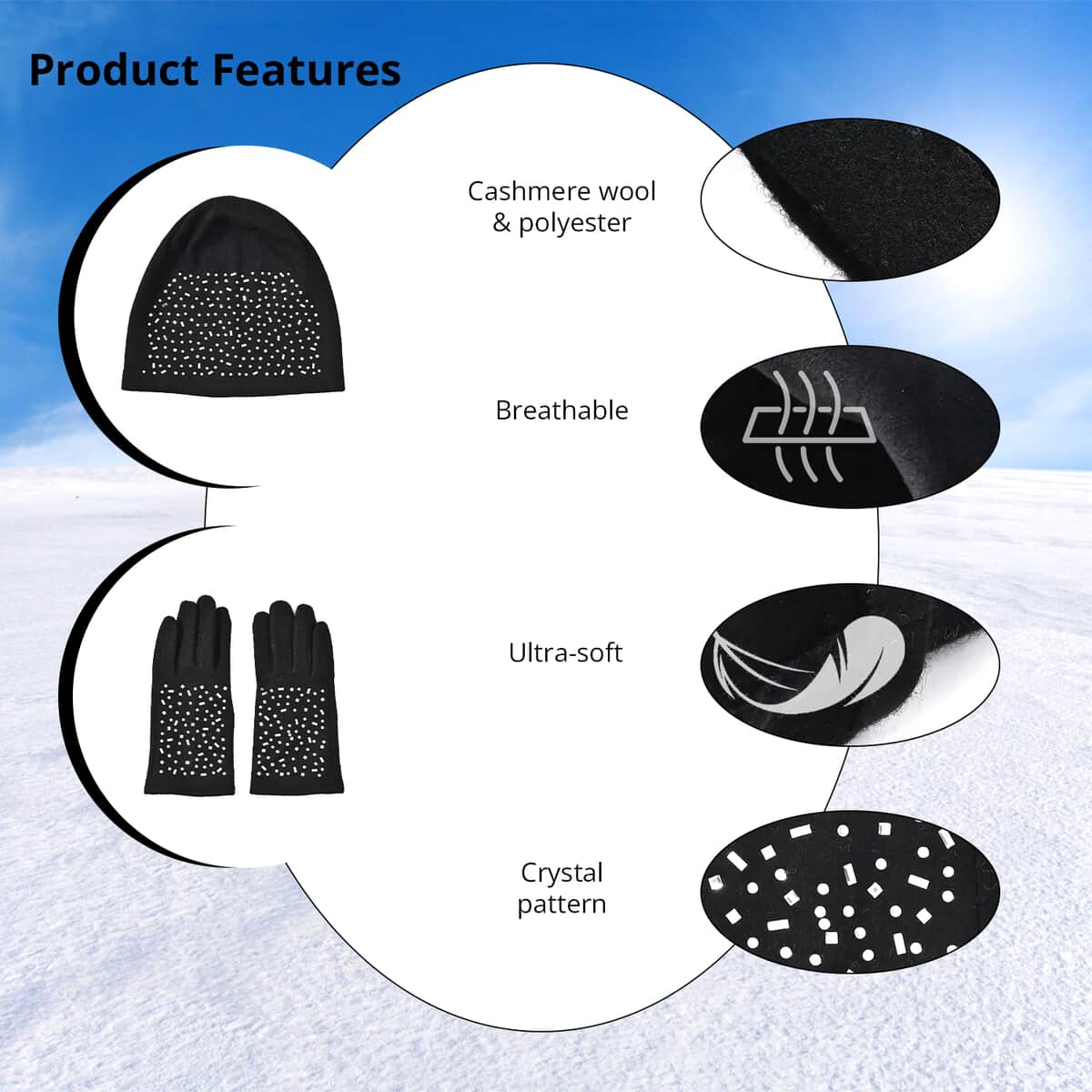 Black 70% Cashmere and 30% Polyester Crystal Pattern Hat (10"x22.84") and 1 Pair Gloves (3.75") image number 1