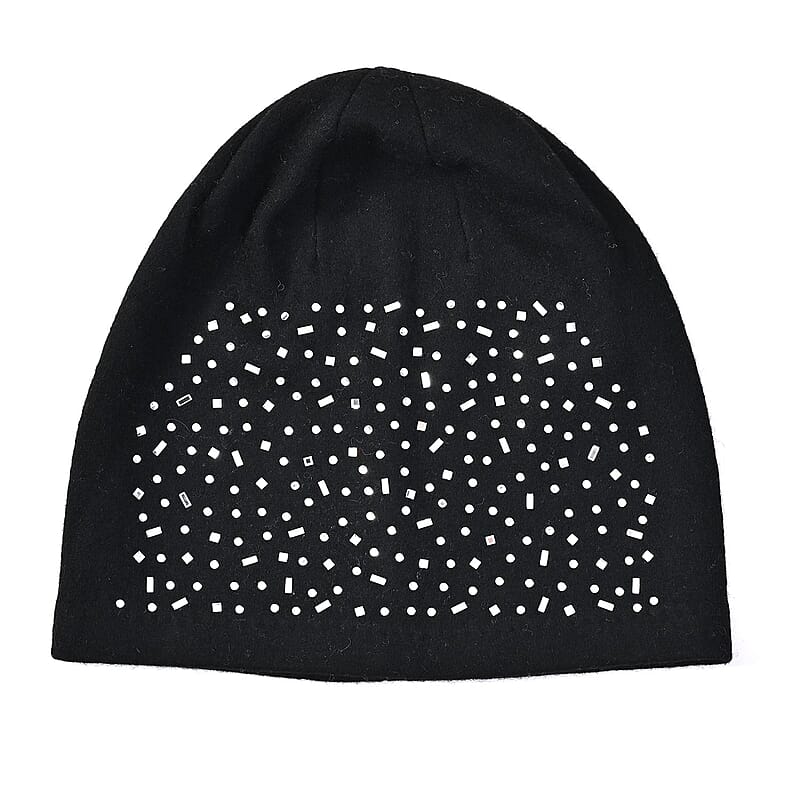 Black Cashmere Blend Crystal Beanie and 1 Pair Gloves Set