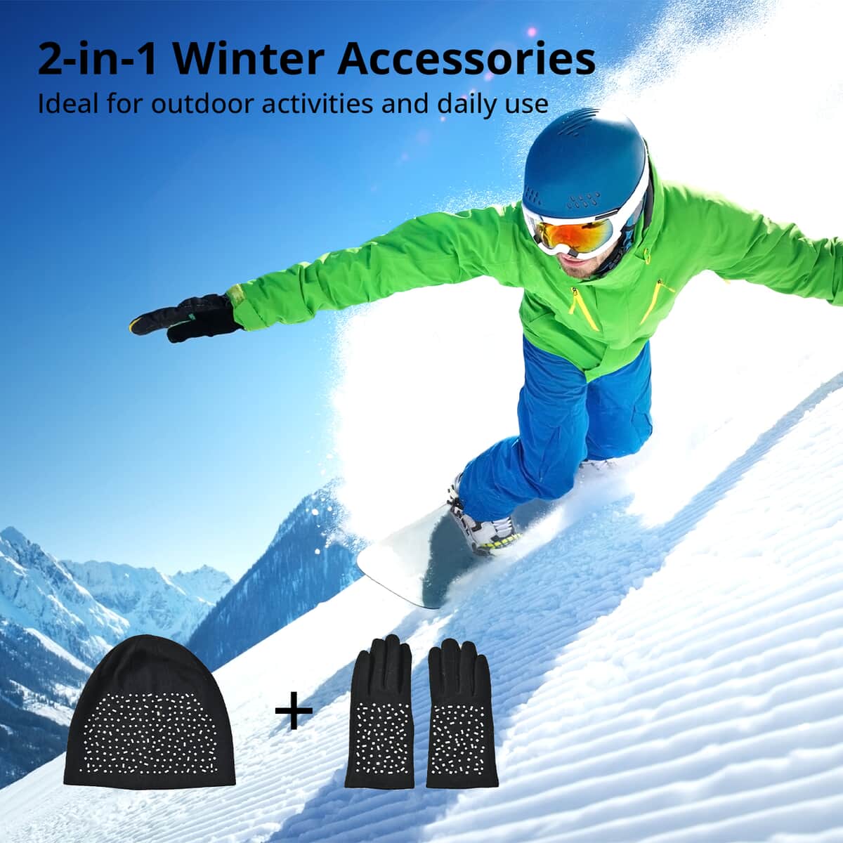 Black 70% Cashmere and 30% Polyester Crystal Pattern Hat (10"x22.84") and 1 Pair Gloves (3.75") image number 2