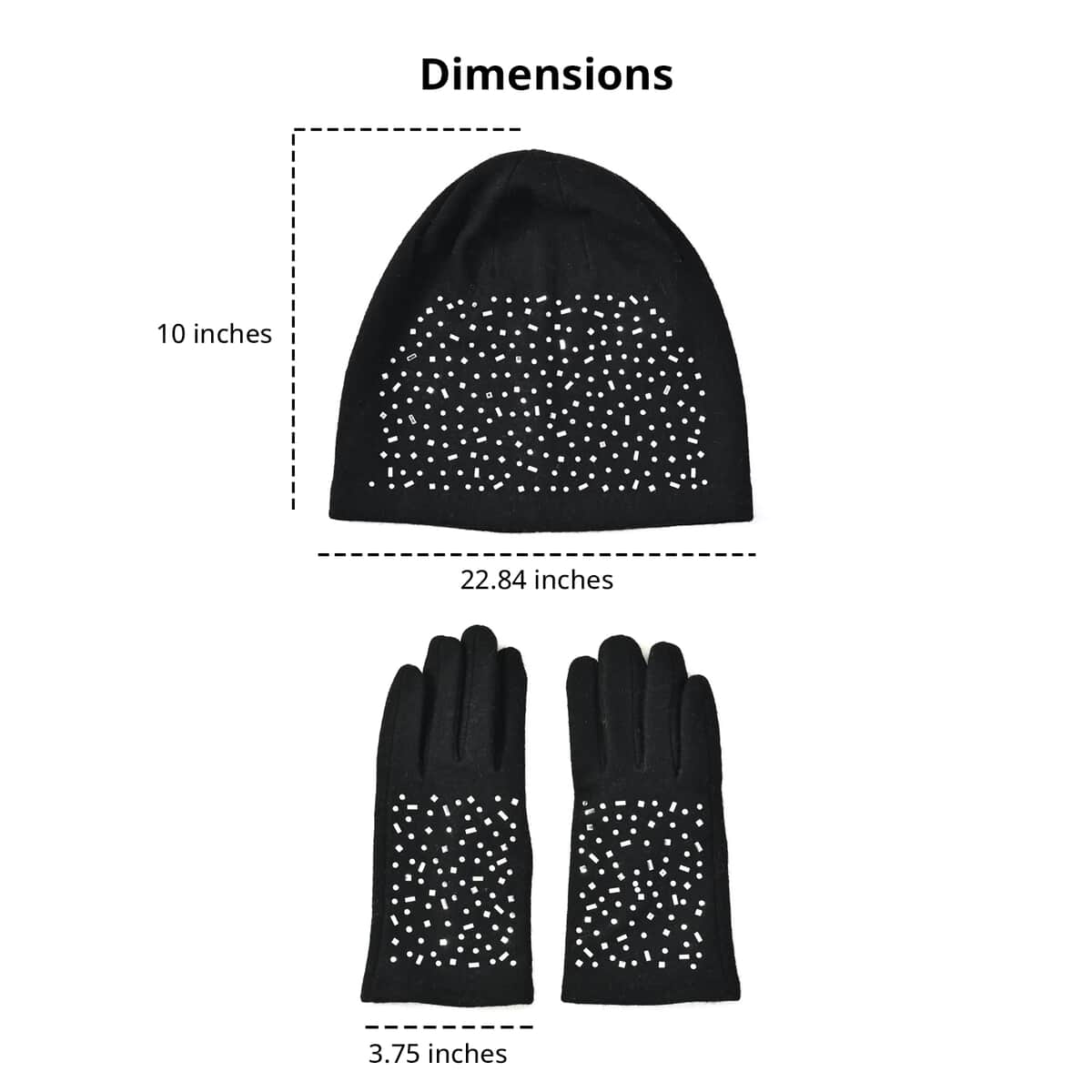 Black 70% Cashmere and 30% Polyester Crystal Pattern Hat (10"x22.84") and 1 Pair Gloves (3.75") image number 3