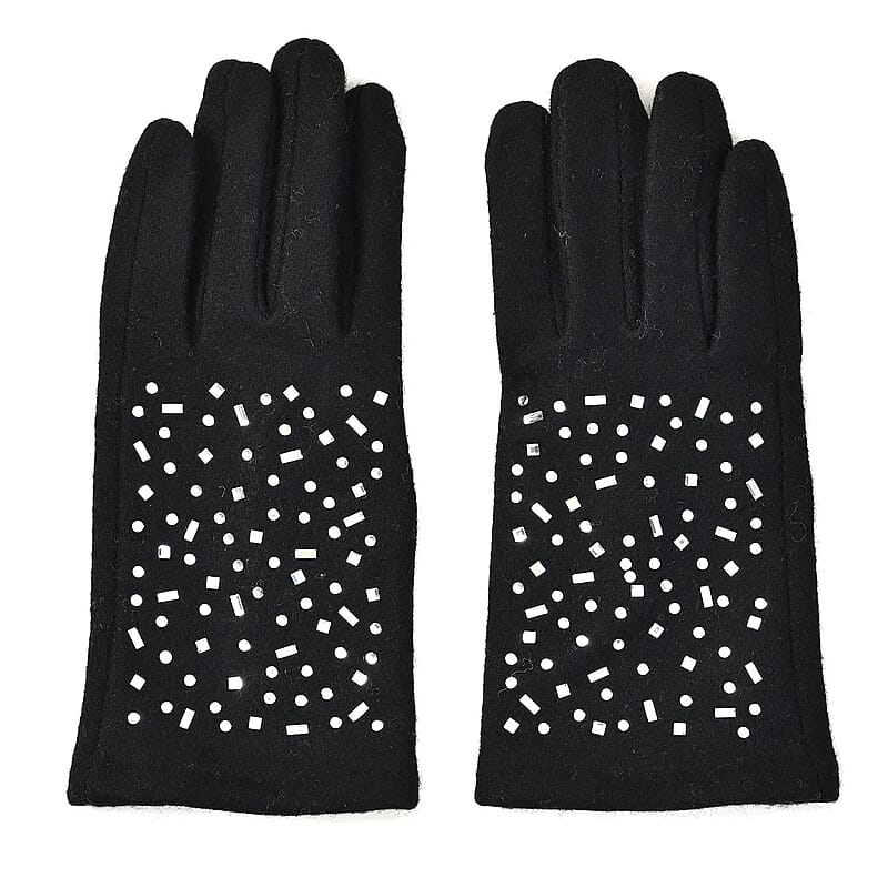 Black Cashmere Blend Crystal Beanie and 1 Pair Gloves Set