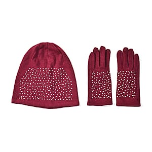 Burgundy Cashmere Blend Crystal Beanie and 1 Pair Gloves Set