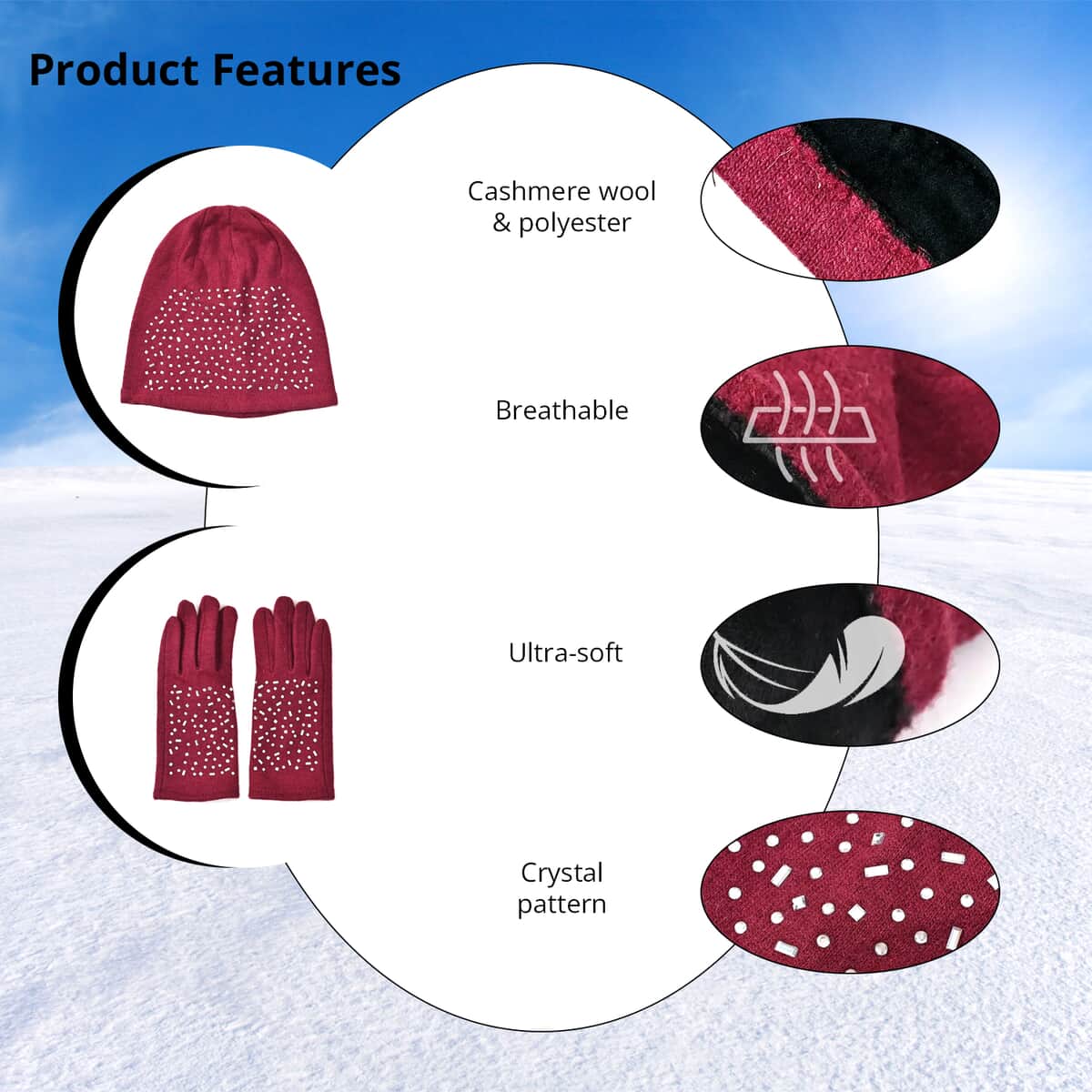 Burgundy 70% Cashmere and 30% Polyester Crystal Pattern Hat and 1 Pair Gloves image number 1